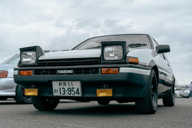 Classic Toyota Trueno AE86 car showcased at Japfest in England, highlighting iconic automotive design.